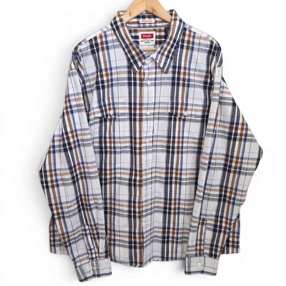 Wrangler Shirt Mens 3XL Brown Blue Plaid Button Up Pockets Western Casual